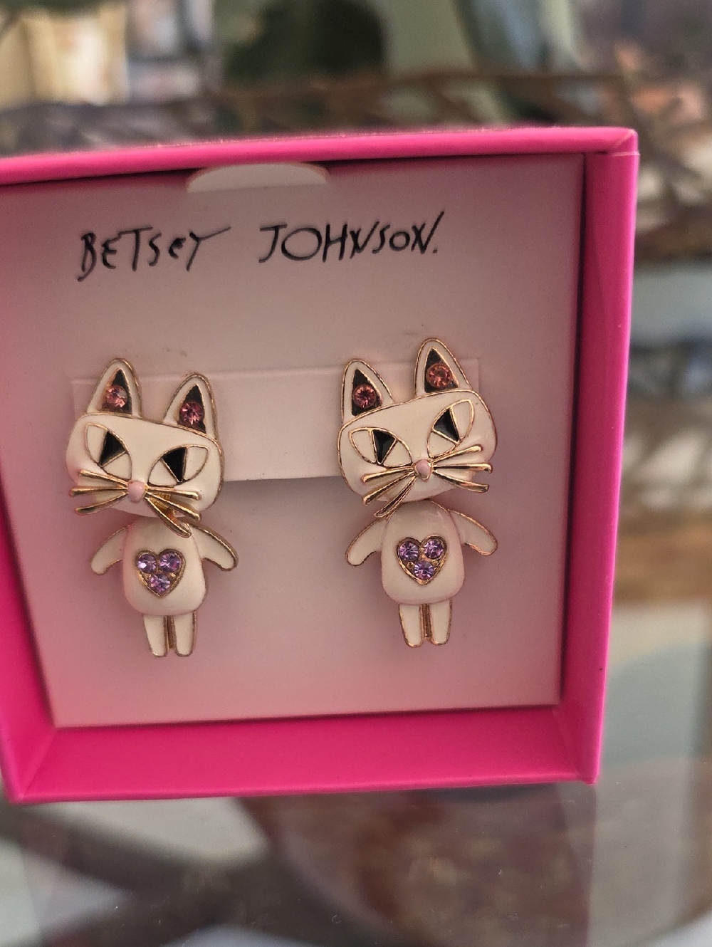 Betsey Johnson Cream Enamel Cat Stud Earrings with Pink/Purple Rhinestones